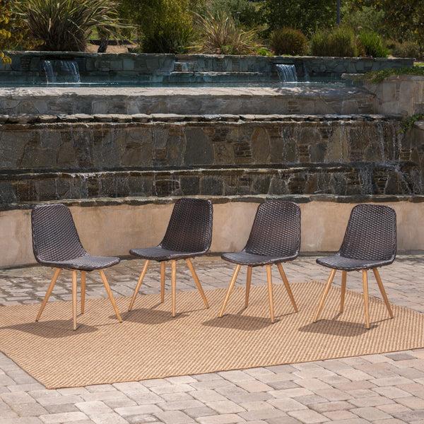 Gdf Studio Gilda Outdoor Multi-Brown Wicker Dining Chairs With Wood Finished Metal Legs