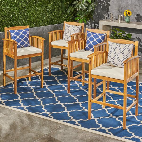 Gdf Studio Gill Acacia Patio Bar Stools 46" Bar-Height Acacia Wood Natural Stain With Cream Cushions (Set Of 4)