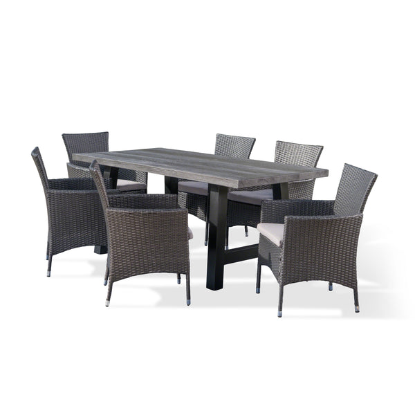 gdf studio Gina Outdoor 7 Piece Wicker Dining Set with Light Weight Concrete Table