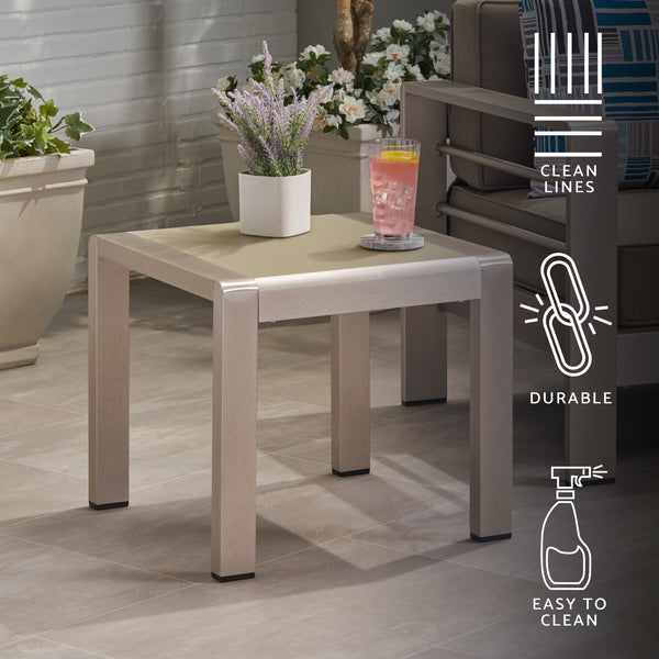Gdf Studio Giovanna Coral Outdoor Aluminum Side Table With Glass Top