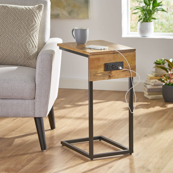 Gdf Studio Giovanna Modern Industrial Handcrafted Mango Wood C-Shaped Side Table With Charging Port Natural And Black