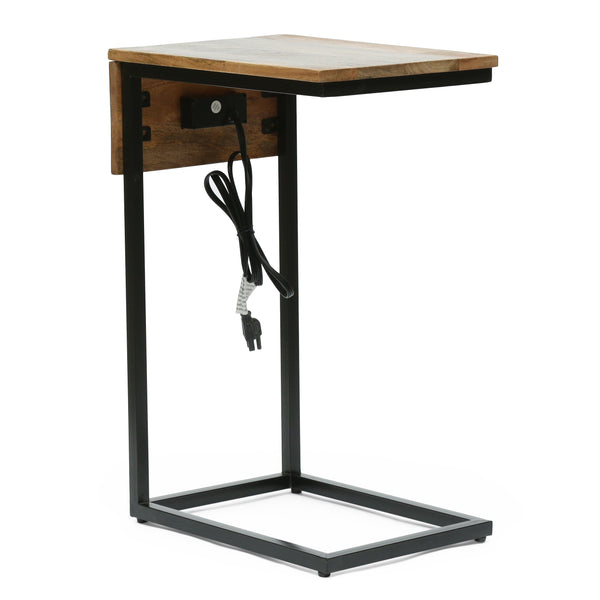 gdf studio Giovanna Modern Industrial Handcrafted Mango Wood C-Shaped Side Table with Charging Port Natural and Black