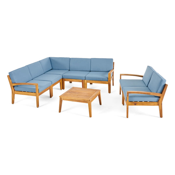 Gdf Studio Giselle Outdoor Acacia Wood 7 Seater Sectional Sofa And Loveseat Set With Coffee Table