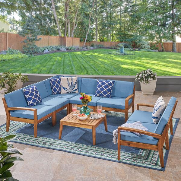 Gdf Studio Giselle Outdoor Acacia Wood 7 Seater Sectional Sofa And Loveseat Set With Coffee Table