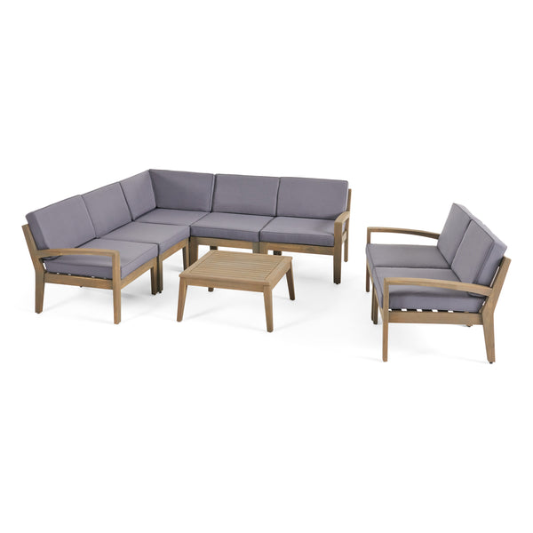 gdf studio Giselle Outdoor Acacia Wood 7 Seater Sectional Sofa and Loveseat Set with Coffee Table