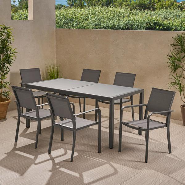 Gdf Studio Glauk Outdoor 6 Seater Aluminum Dining Set With Tempered Glass Table Top