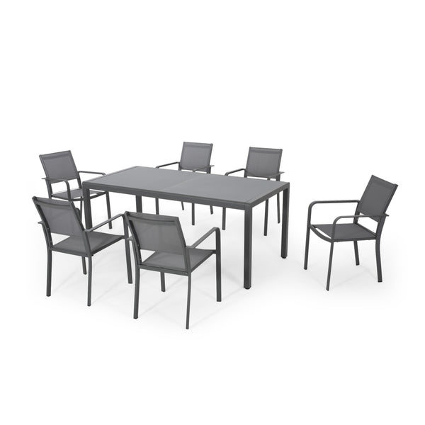 gdf studio Glauk Outdoor 6 Seater Aluminum Dining Set with Tempered Glass Table Top