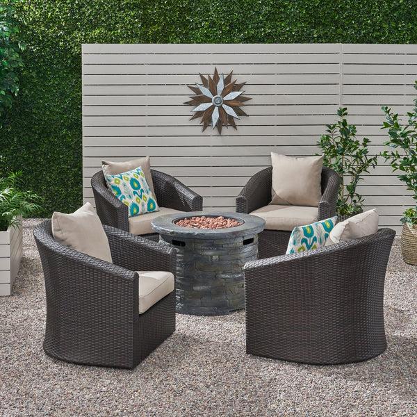 Gdf Studio Gletchburg Outdoor 5 Piece Fire Pit Wicker Swivel Club Chair Chat Set