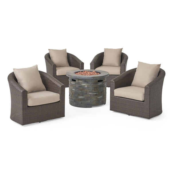 gdf studio Gletchburg Outdoor 5 Piece Fire Pit Wicker Swivel Club Chair Chat Set