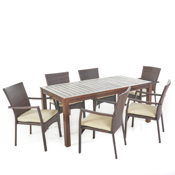gdf studio Goodman Outdoor 7 Piece Dining Set with Dark Brown Finished Wood Table and Chairs