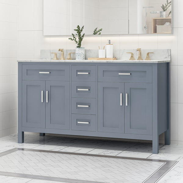Gdf Studio Greeley Contemporary 60" Wood Double Sink Bathroom Vanity With Marble Counter Top With Carrara White Marble