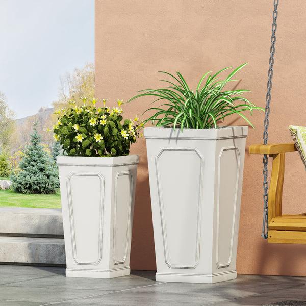 Gdf Studio Greg Outdoor Medium And Large Cast Stone Tapered Planter Set Antique White