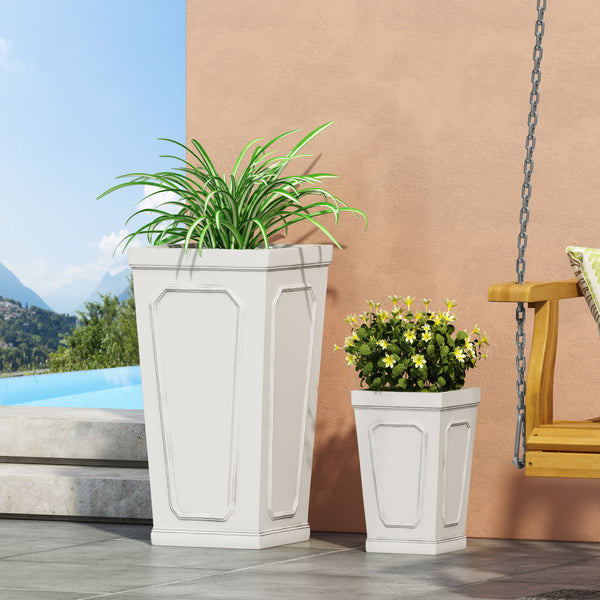 Gdf Studio Greg Outdoor Small And Large Cast Stone Tapered Planter Set Antique White