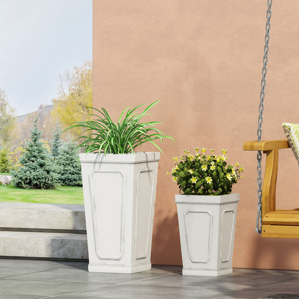 Gdf Studio Greg Outdoor Small And Medium Cast Stone Tapered Planter Set Antique White
