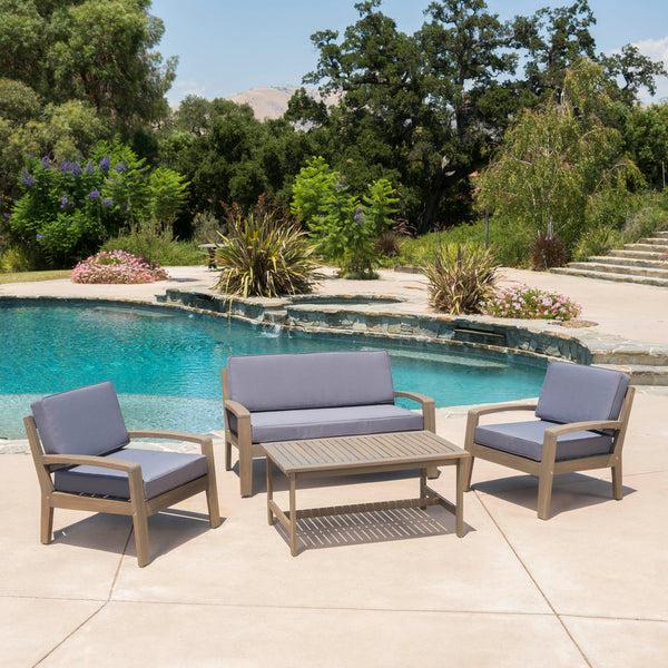 Gdf Studio Grenada Outdoor Acacia Wood 4 Piece Chat Set W/ Water Resistant Cushions