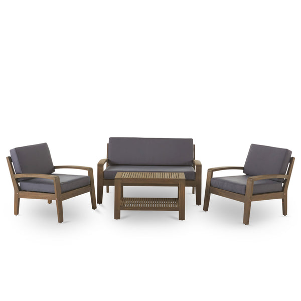 gdf studio Grenada Outdoor Acacia Wood 4 Piece Chat Set w/ Water Resistant Cushions