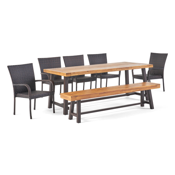 Gdf Studio Gryphon Outdoor Rustic Acacia Wood 8 Seater Dining Set With Dining Bench