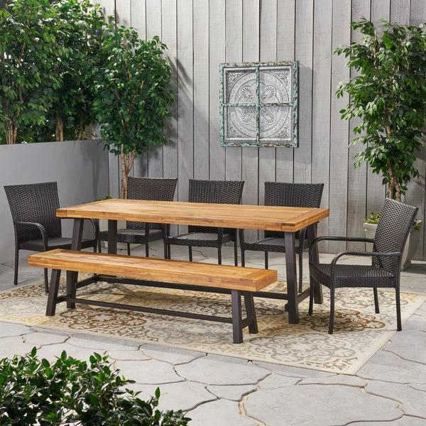 Gdf Studio Gryphon Outdoor Rustic Acacia Wood 8 Seater Dining Set With Dining Bench