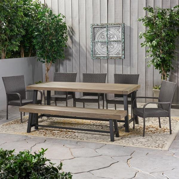 gdf studio Gryphon Outdoor Rustic Acacia Wood 8 Seater Dining Set with Dining Bench
