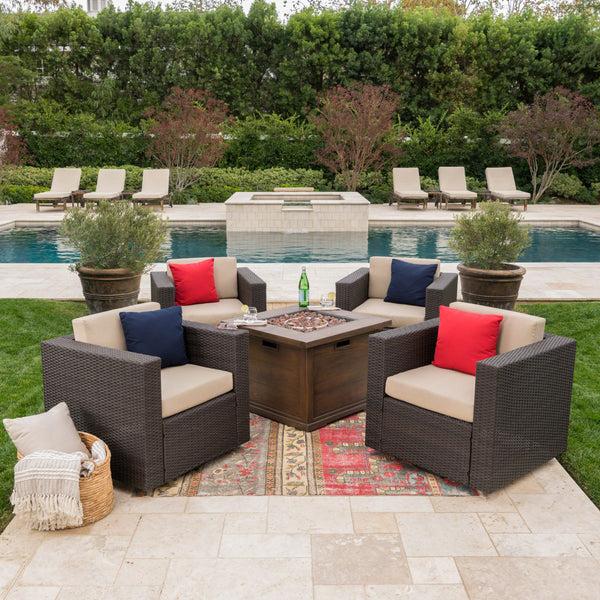 Gdf Studio Hamilton Outdoor 5 Piece Wicker Swivel Club Chairs With Brown Gas Fire Pit