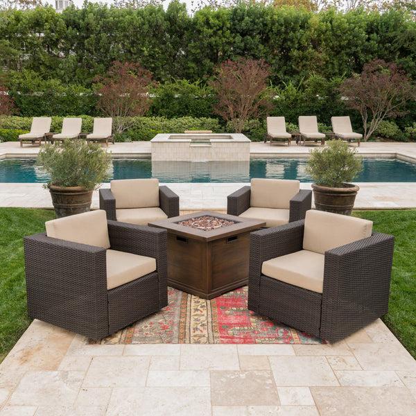 Gdf Studio Hamilton Outdoor 5 Piece Wicker Swivel Club Chairs With Brown Gas Fire Pit