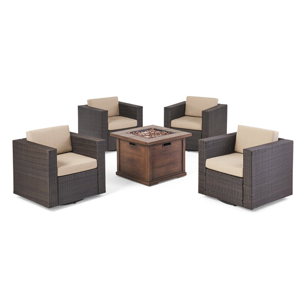 gdf studio Hamilton Outdoor 5 Piece Wicker Swivel Club Chairs with Brown Gas Fire Pit