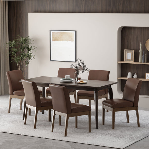 Gdf Studio Hampton Mid Century Modern Upholstered Dining Chairs Set Of 6 Dark Brown Faux Leather And Walnut