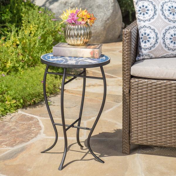 Gdf Studio Harington Outdoor Blue & White Ceramic Tile Iron Frame Side Table