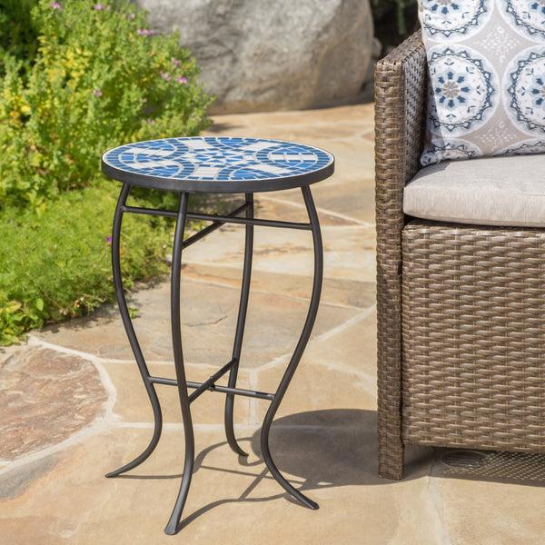Gdf Studio Harington Outdoor Blue & White Ceramic Tile Iron Frame Side Table