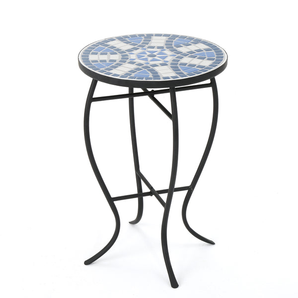 gdf studio Harington Outdoor Blue & White Ceramic Tile Iron Frame Side Table