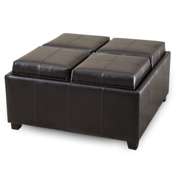 Gdf Studio Harley Leather 4-Tray-Top Storage Ottoman Coffee Table