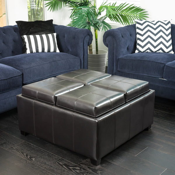 Gdf Studio Harley Leather 4-Tray-Top Storage Ottoman Coffee Table