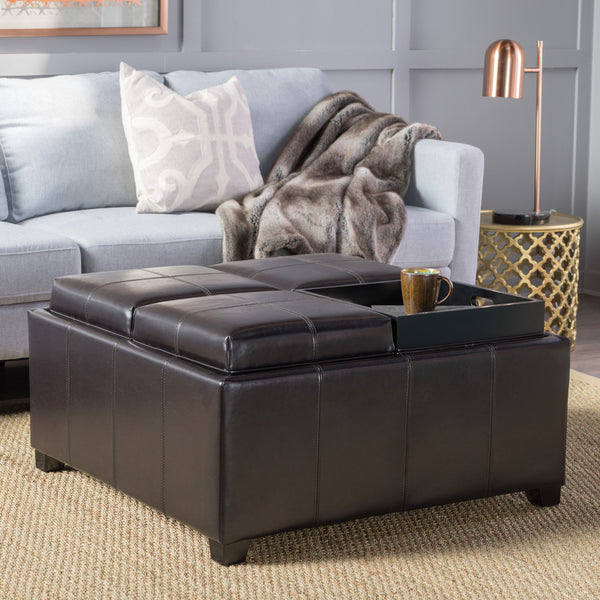 gdf studio Harley Leather 4-Tray-Top Storage Ottoman Coffee Table