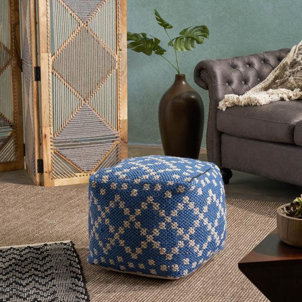 Gdf Studio Harmony Cube Pouf Boho Blue And White Yarn