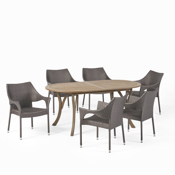 Gdf Studio Harris Outdoor 7 Piece Wood And Wicker Dining Set Gray Finish And Gray