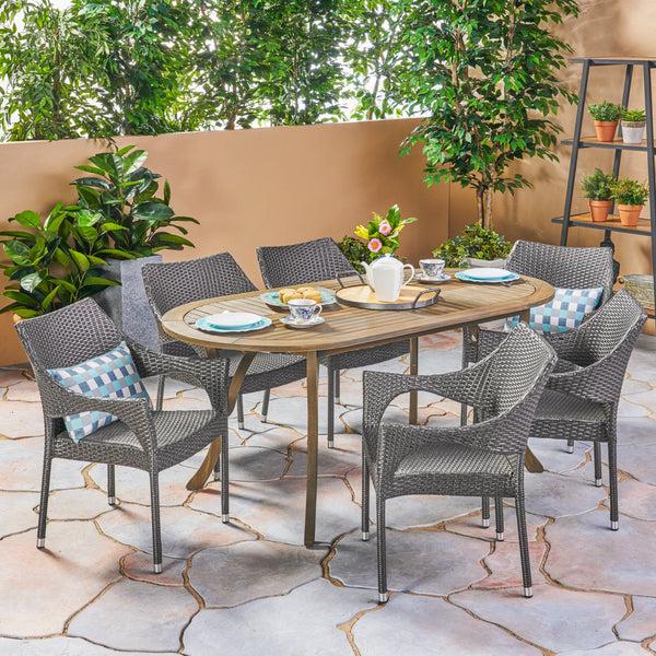 gdf studio Harris Outdoor 7 Piece Wood and Wicker Dining Set Gray Finish and Gray