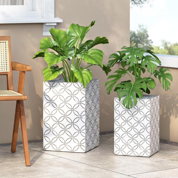 Gdf Studio Hartselle Outdoor Medium And Large Cast Stone Planter Set White With Gray