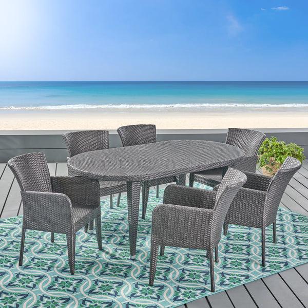 gdf studio Haywood Outdoor 7 Piece Wicker Dining Set Grey