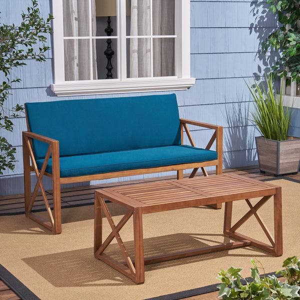 Gdf Studio Hazel Outdoor Acacia Wood Loveseat With Coffee Table Set With Cushions