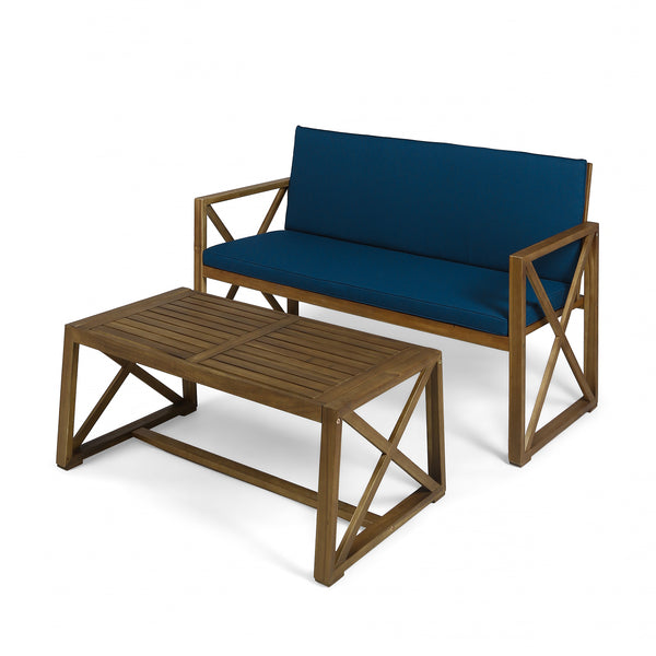 gdf studio Hazel Outdoor Acacia Wood Loveseat with Coffee Table Set with Cushions