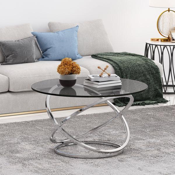 Gdf Studio Hearney Modern Glass Top Round Coffee Table Gray And Chrome