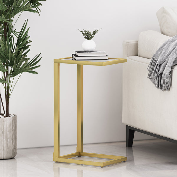 Gdf Studio Hebble Modern Glam Glass Top C-Shaped Side Table Gold