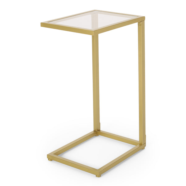 gdf studio Hebble Modern Glam Glass Top C-Shaped Side Table Gold
