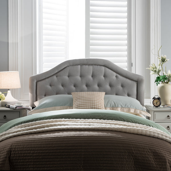 Gdf Studio Hecha Tufted Light Gray Fabric Full/Queen Headboard With Nailhead Accents