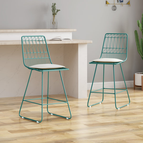 Gdf Studio Hedy Outdoor Wire Counter Stools With Cushions (Set Of 2) Teal And Ivory