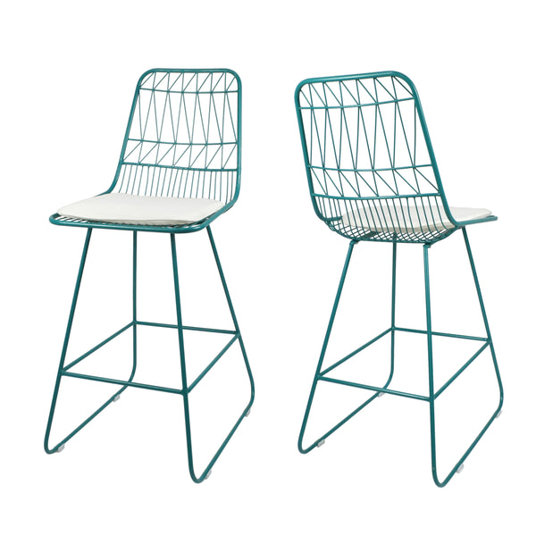 gdf studio Hedy Outdoor Wire Counter Stools with Cushions (Set of 2) Teal and Ivory