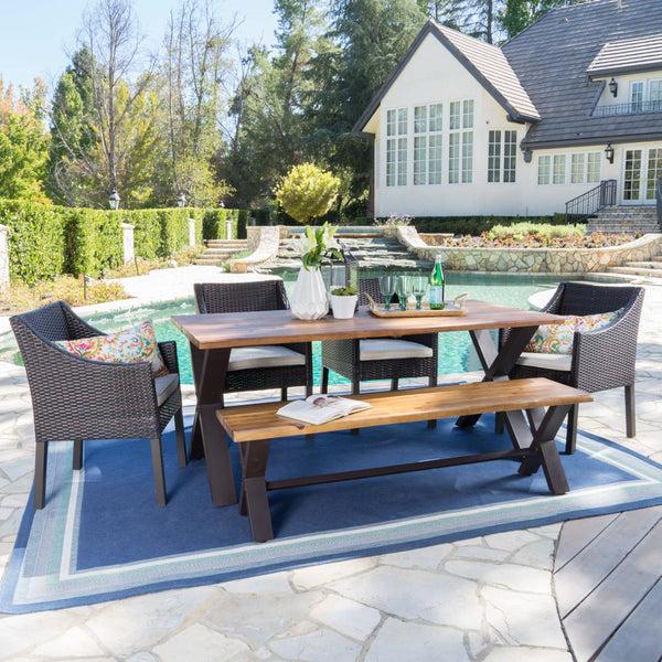 Gdf Studio Helen Outdoor 6 Piece Teak Finished Acacia Wood Dining Set