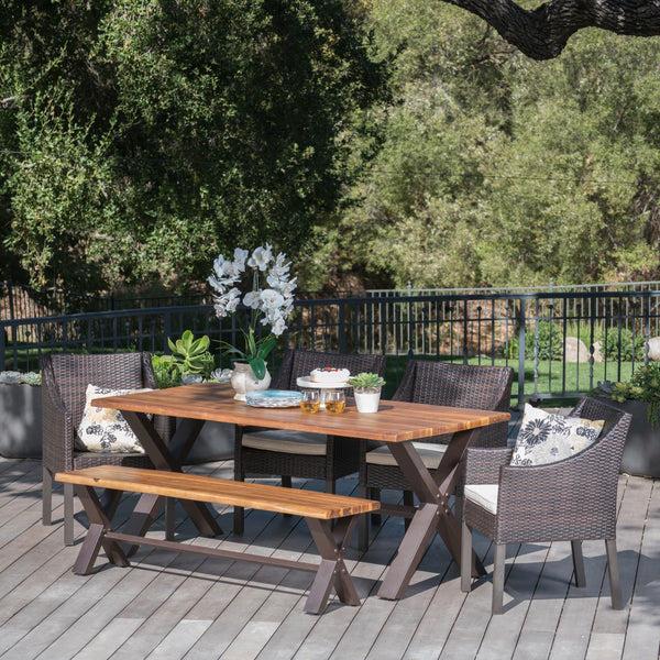 Gdf Studio Helen Outdoor 6 Piece Teak Finished Acacia Wood Dining Set