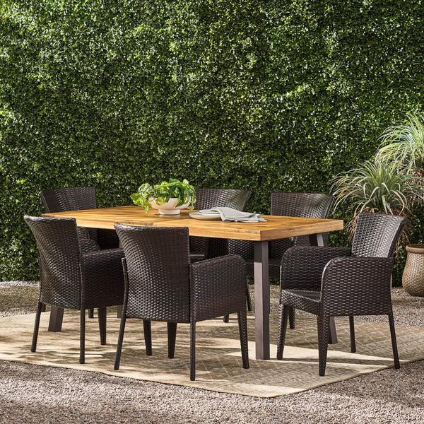 Gdf Studio Helton 7 Piece Outdoor Dining Set (Wood Table W/ Wicker Chairs)