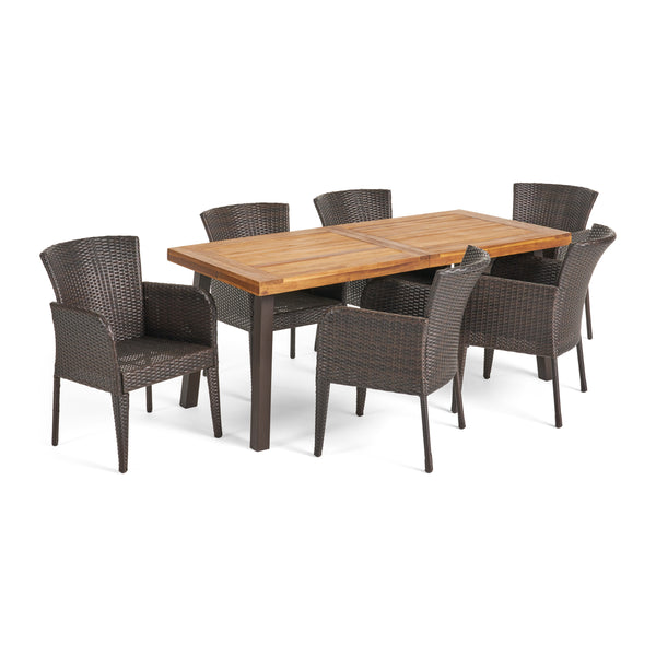 gdf studio Helton 7 Piece Outdoor Dining Set (Wood Table w/ Wicker Chairs)